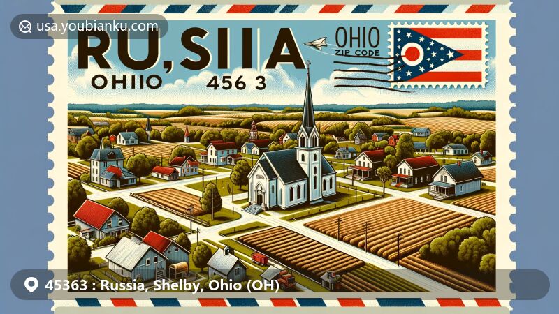 Modern illustration of Russia, Ohio, showcasing postal theme with ZIP code 45363, featuring village houses, local church, agricultural fields, and Ohio state flag.