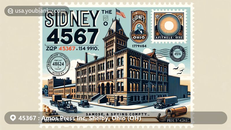 Historical illustration of Sidney, Ohio, showcasing Sidney Printing and Publishing Company building from the late 1890s and vintage postal elements with ZIP Code 45367.