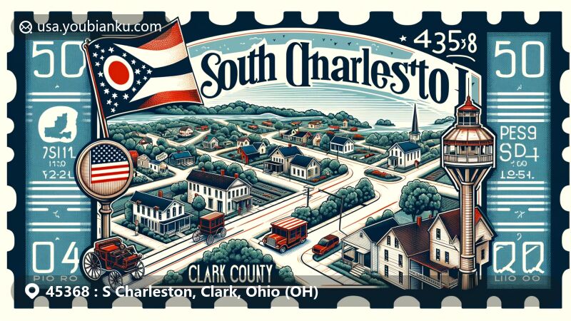 Modern illustration of South Charleston, Clark County, Ohio, featuring iconic Ohio state symbols and a stylized aerial view of the village with the ZIP code 45368.