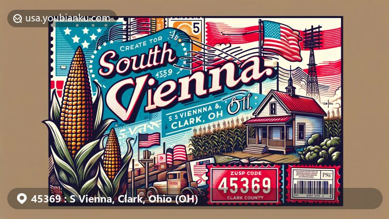 Modern illustration of S Vienna, Clark County, Ohio, featuring the South Vienna Corn Festival and postal elements representing ZIP code 45369. Geographical outline of Clark County and vintage postcard layout included.