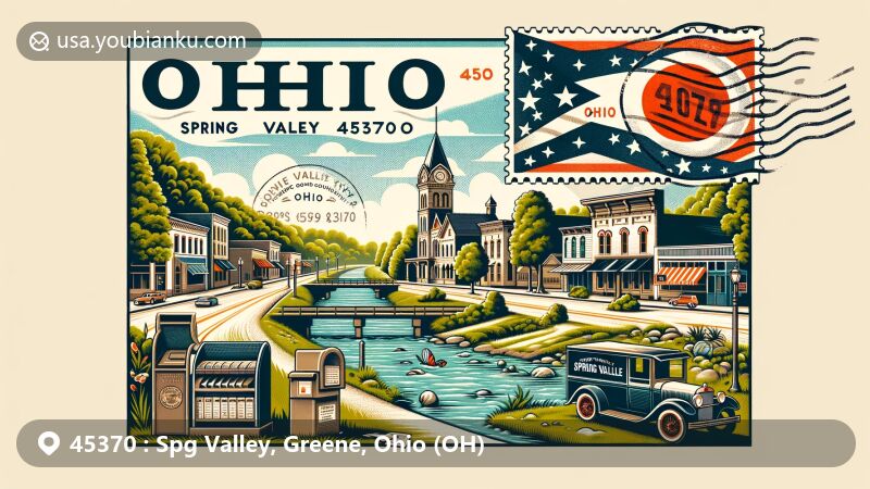 Modern illustration of Spring Valley, Ohio, showcasing postal theme with ZIP code 45370, featuring Downtown Spring Valley and the Little Miami River.