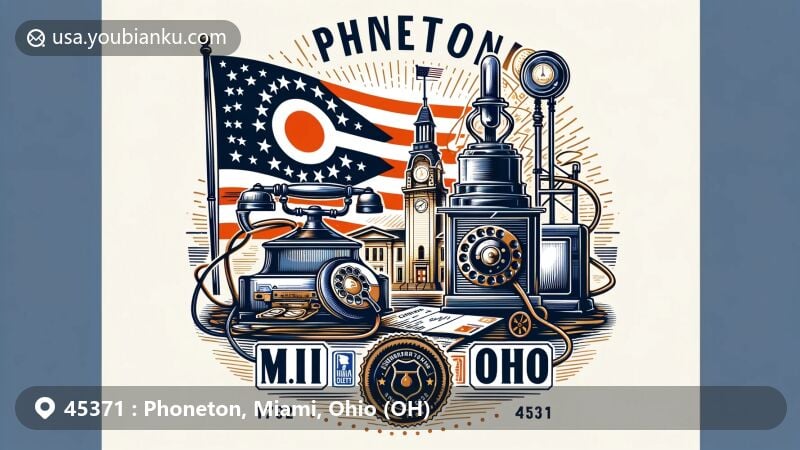 Modern illustration of Phoneton, Ohio, highlighting historical ties to American Telephone and Telegraph Company with vintage telephone and telegraph equipment, Ohio state flag, Miami County outline, and postal theme including ZIP code 45371.