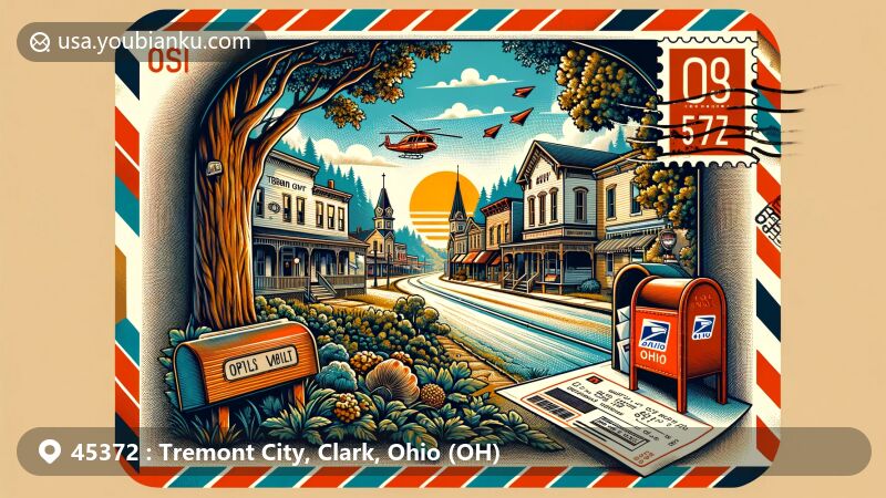 Modern illustration of Tremont City, Ohio, showcasing postal theme with ZIP code 45372, featuring historic village charm, Ohio state symbols, and creative air mail envelope design.