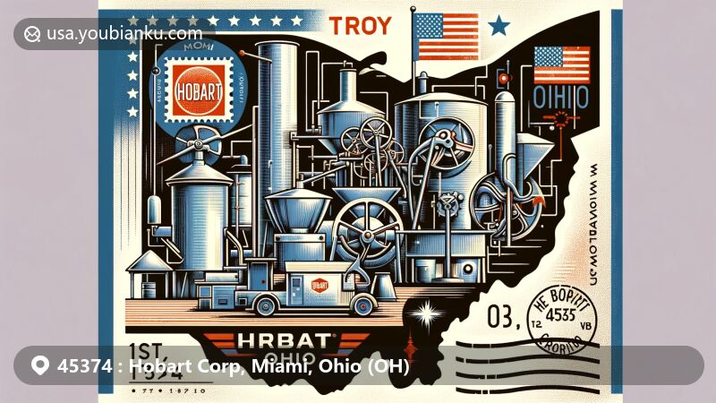 Modern illustration of Hobart Corporation in Troy, Ohio, Miami County, showcasing industrial history and postal motifs with ZIP code 45374, featuring legacy of foodservice equipment innovation and national significance in innovation.