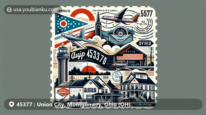 Modern illustration of Vandalia and Union, Montgomery County, Ohio, highlighting ZIP code 45377, showcasing the area's rich history and proximity to Dayton. Featuring iconic elements like Interstates 70 and 75, Ohio state flag, airmail envelope, and vintage-inspired postal elements.