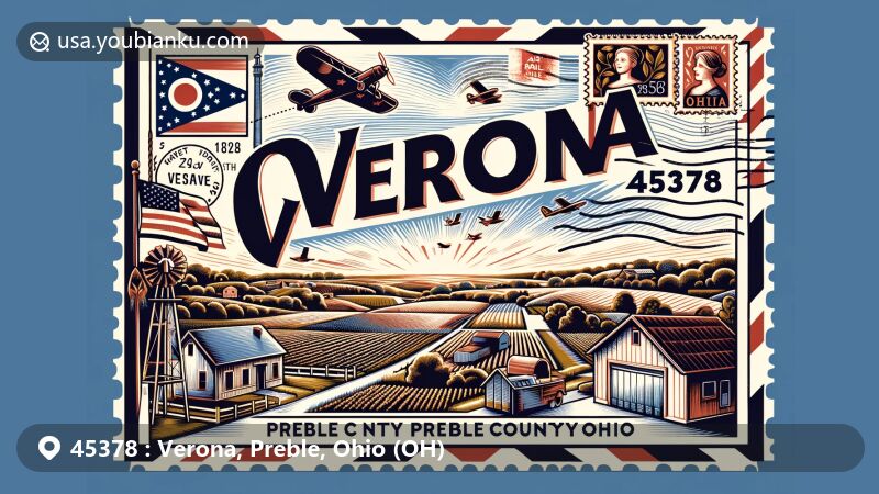 Modern illustration of Verona, Preble County, Ohio, capturing the essence of a rural community with farms, open fields, and local landmarks, featuring vintage air mail envelope with Ohio state flag and '45378' postal theme.