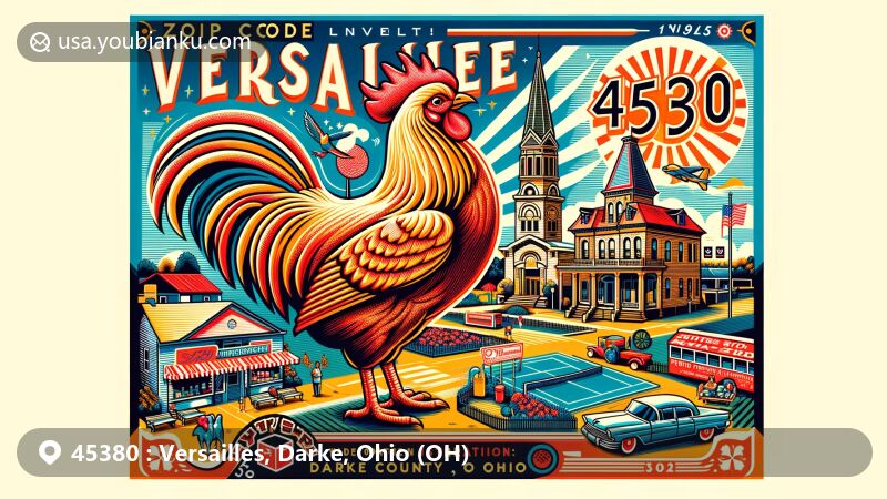 Modern illustration of Versailles, OH 45380, showcasing cultural and leisure features with iconic architecture, Poultry Days festival symbols, Ward Park and Indian Creek Park facilities, and postal elements including stamps, postmarks, and ZIP code '45380' in a vibrant postal postcard design.