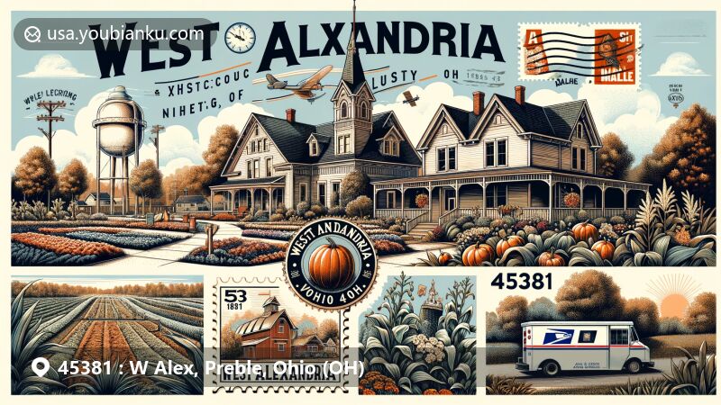 Modern illustration of West Alexandria, Ohio, showcasing village's historic buildings like George B. Unger House, Lange Hotel, and West Alexandria Depot, reflecting rich history since 1818, featuring Majestic Nursery & Gardens' daylilies, pumpkins, mums, and Amazing Corn Maze, with vintage air mail envelope background, stamps, postmark, and postal truck.