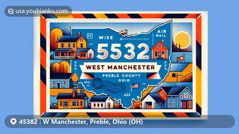 Modern illustration of West Manchester, Preble County, Ohio, highlighting postal theme with ZIP code 45382, featuring iconic houses, postcard design, and postal elements like stamp and postmark.