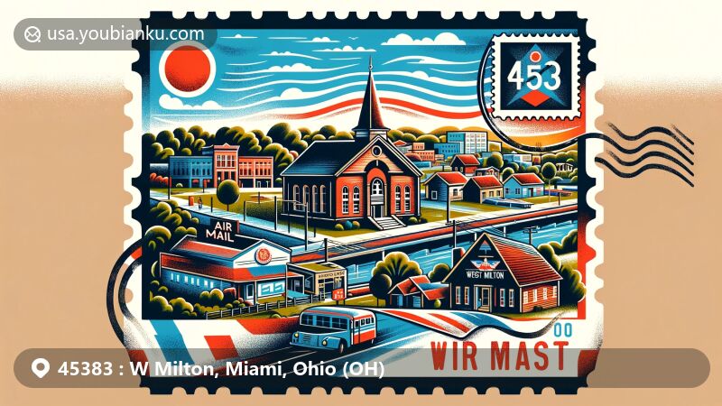 Modern illustration of West Milton, Miami County, Ohio, featuring air mail envelope with ZIP code 45383, Ohio state flag, and Miami County silhouette.