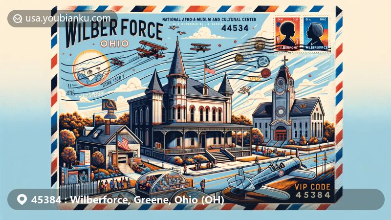 Modern illustration of Wilberforce, Ohio, featuring National Afro-American Museum & Cultural Center and Charles Young Buffalo Soldiers National Monument, with vintage air mail envelope elements.