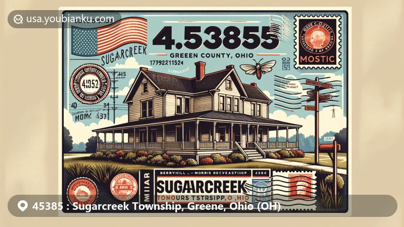 Modern illustration of Sugarcreek Township, Greene County, Ohio, highlighting the Berryhill-Morris House and postal theme with ZIP code 45385.