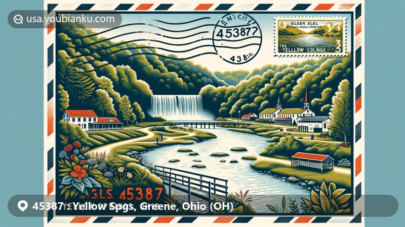 Modern illustration of Yellow Springs, Ohio, in Greene County, showcasing Glen Helen Nature Preserve with trails, springs, waterfalls, and elements of village's history and culture, including Antioch College. Design features vintage postage elements.