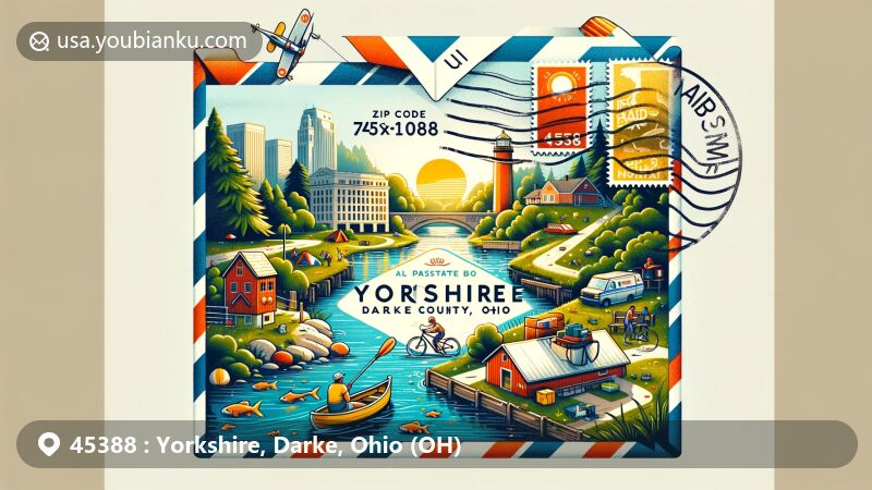 Modern illustration of Yorkshire, Darke County, Ohio, capturing the serene natural beauty and outdoor activities like hiking, biking, and fishing, with a postal theme showcasing ZIP code 45388.