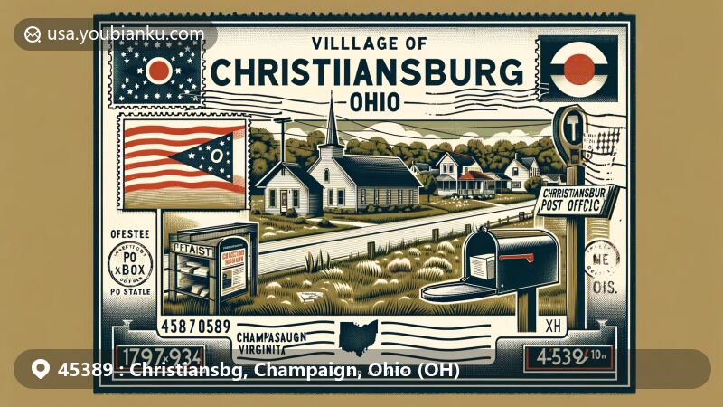 Modern illustration of Christiansburg, Ohio, highlighting postal theme with ZIP code 45389, featuring village's small-town charm, history, Ohio state flag, and Champaign County outline.