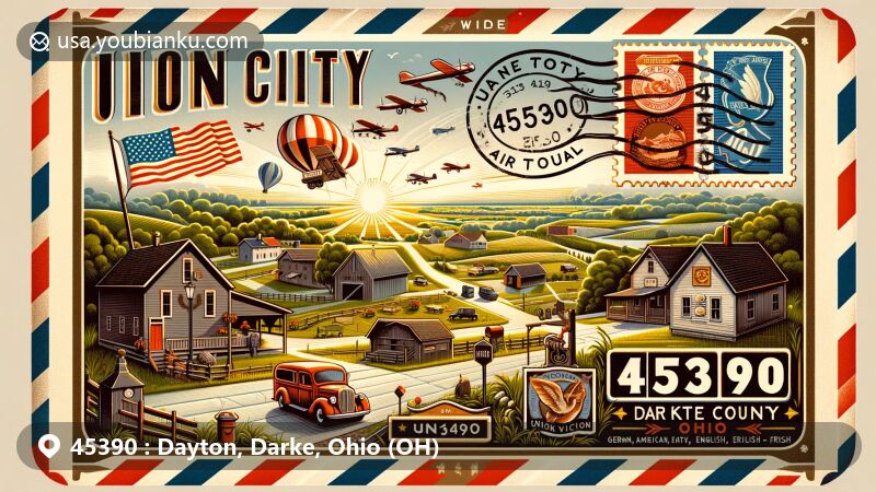 Illustration of Union City, Darke County, Ohio, capturing the essence of ZIP Code 45390 with historical buildings, natural landscapes, and postal elements in a postcard-style layout.