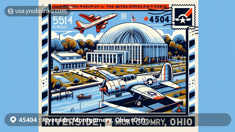 Modern illustration of Riverside, Montgomery, Ohio, highlighting ZIP code 45404 and the National Museum of the United States Air Force, with aviation heritage and community symbols.