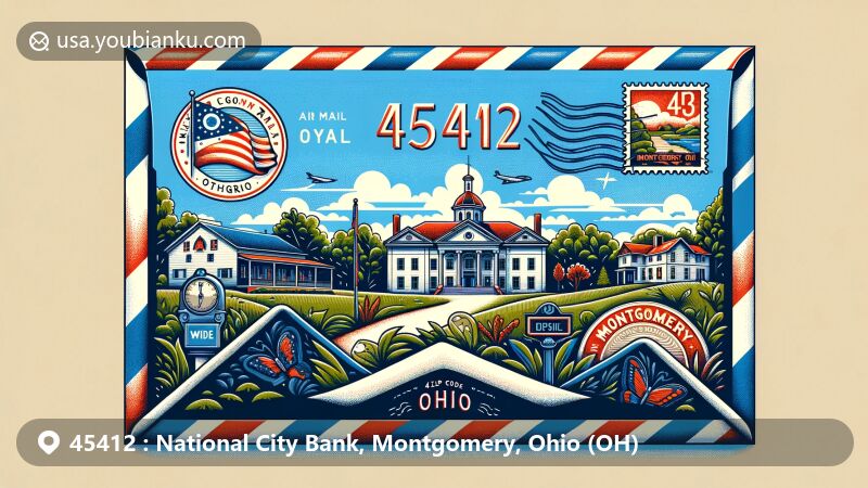 Modern illustration of Montgomery, Ohio, ZIP code 45412, with air mail envelope featuring Wilder-Swaim House, Ohio state flag, and Montgomery landmarks.