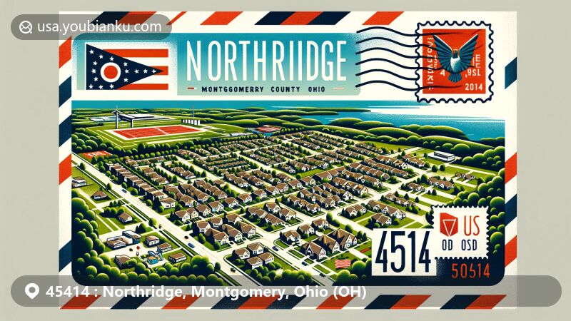 Modern illustration of Northridge, Montgomery County, Ohio, inspired by aerial views, showcasing residential areas and green spaces, incorporating Ohio state flag and Montgomery County silhouette, with postal elements like vintage postage stamp and ZIP code 45414.