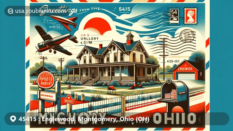 Modern illustration of Englewood, Montgomery County, Ohio, showcasing postal theme with ZIP code 45415, featuring the Wilder-Swaim House, airmail elements, Ohio state flag, and 'Greetings from Englewood, Ohio, 45415' banner.