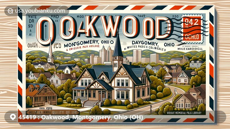 Modern illustration of Oakwood, Montgomery, Ohio (OH), ZIP code 45419, featuring creative airmail envelope with Runnymede Theatre and Orville Wright's home Hawthorn Hill, showcasing diverse architectural styles and postal heritage elements.
