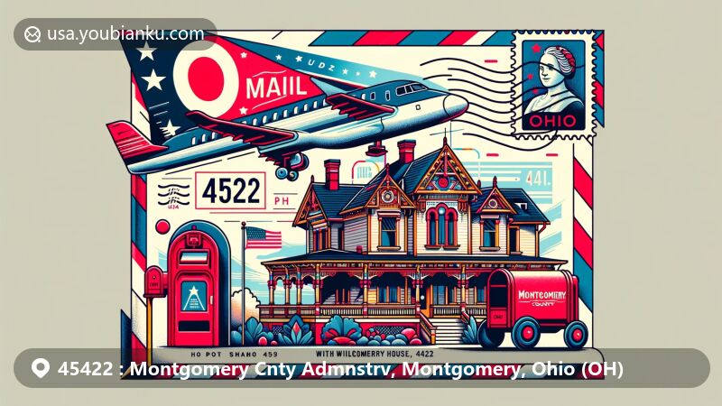 Modern illustration of Montgomery, Ohio, displaying postal theme with ZIP code 45422, showcasing Wilder-Swaim House, Ohio state flag, Montgomery city logo, postmark, and red mailbox.