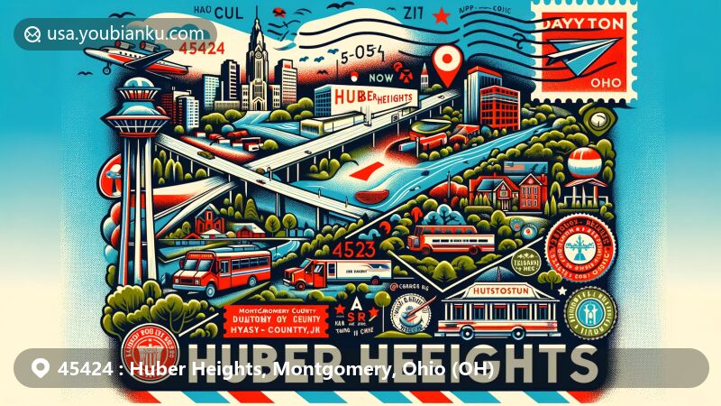 Modern illustration of Huber Heights, Montgomery County, Ohio, showcasing postal theme with ZIP code 45424, featuring landmarks, natural parks, and community diversity.