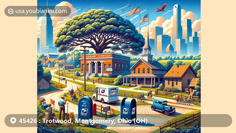 Modern illustration of Trotwood, Ohio, showcasing postal theme with ZIP code 45426, featuring vintage post office, classic mailbox, mail delivery vehicle, Trotwood-Madison Historical Society, old bur oak tree, Trotwood-Madison Stadium, farmland, Olde Town district, and vibrant community life.