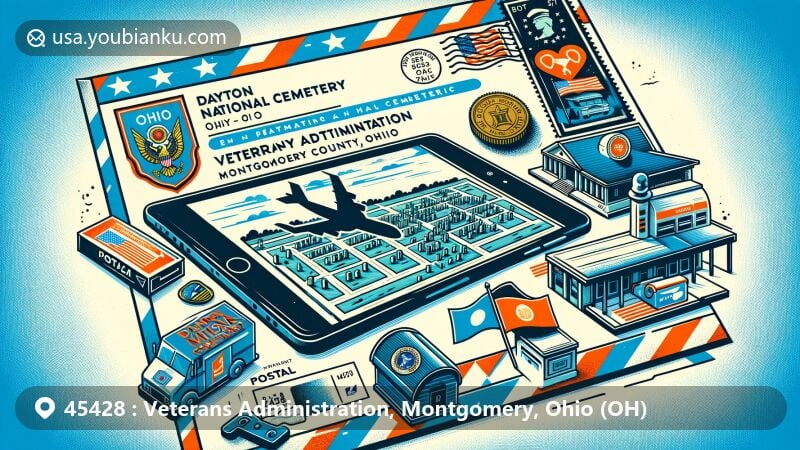 Modern illustration of Dayton National Cemetery area in Montgomery County, Ohio, depicting airmail envelope design with a postal theme related to ZIP code 45428, featuring state flag, stamp, postmark, mailbox, and postal van.