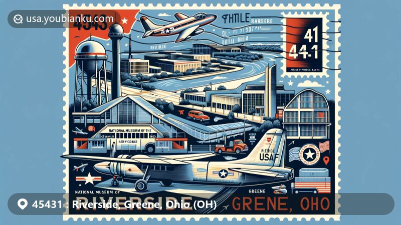 Modern illustration of Riverside, Greene, Ohio, highlighting aviation history with imagery from the National Museum of the USAF, featuring Ohio state outline and ZIP code 45431.