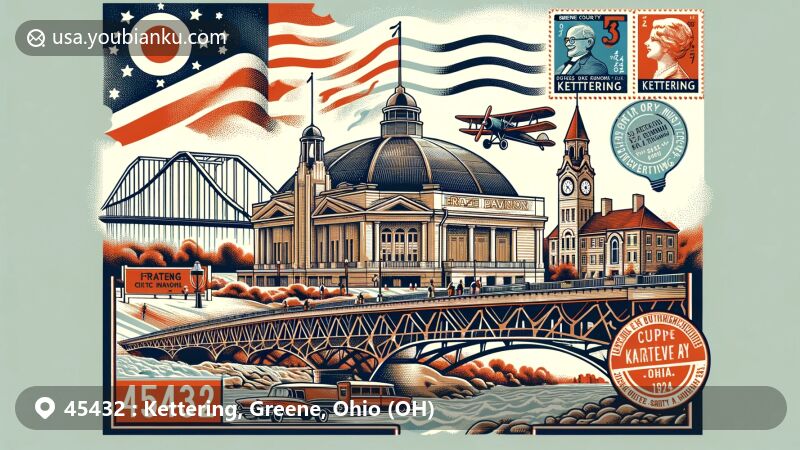 Modern illustration of Kettering, Greene County, Ohio, highlighting iconic landmarks like Fraze Pavilion, Stroop Road Bridge, and Charles F. Kettering House, with vintage postal elements and vibrant colors.