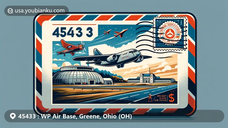 Contemporary illustration of Wright-Patterson Air Force Base and National Museum of the U.S. Air Force in Greene County, Ohio, featuring airmail envelope with ZIP code 45433 and iconic historical airplane, vibrant postal elements, and aviation imagery.