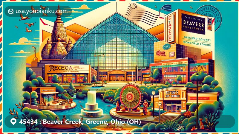 Modern illustration of Beaver Creek, Greene County, Ohio, capturing unique landmarks and cultural elements, including The Mall at Fairfield Commons, Hindu Temple, Decoy Art Center, and Greene Town Center.