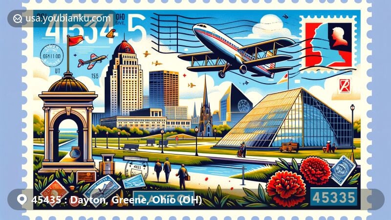 Creative depiction of Dayton, Ohio area with ZIP code 45435, featuring landmarks like Wright-Patterson Air Force Base and Dayton Art Institute, Wright brothers' airplane, and Ohio's red carnation state flower.