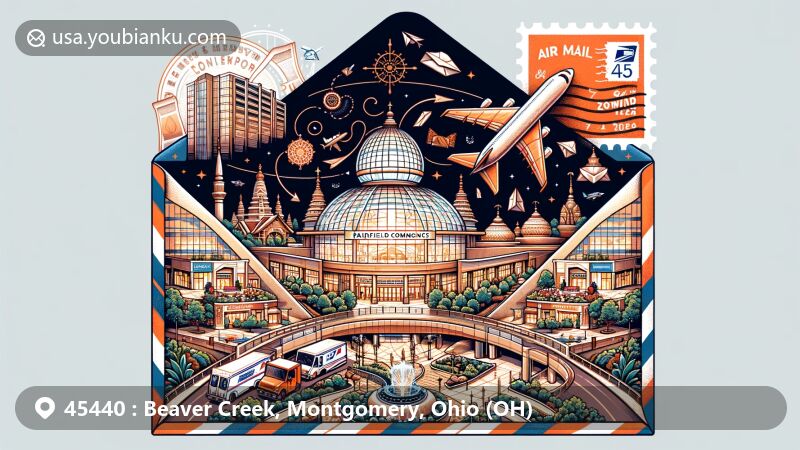 Modern illustration of Beaver Creek, Montgomery County, Ohio, highlighting postal theme with ZIP code 45440, featuring The Mall at Fairfield Commons, Hindu Temple, and symbols of modern culture and shopping destinations.