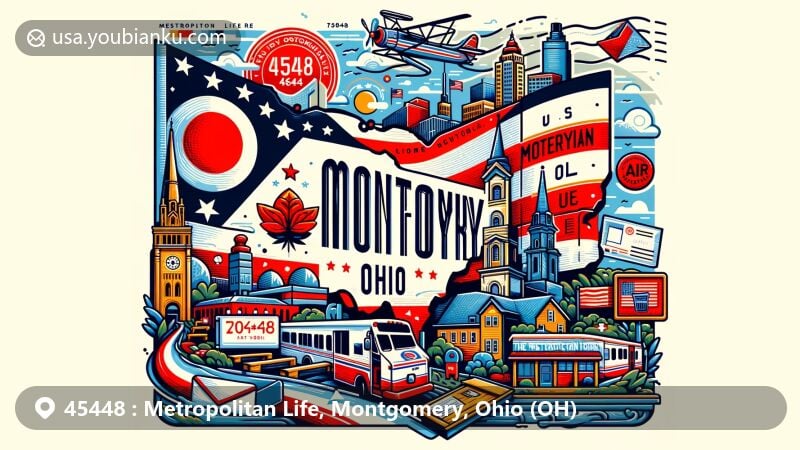 Modern illustration of Metropolitan Life area in Montgomery, Ohio, celebrating ZIP code 45448, with Ohio elements, county outline, and local landmarks, in a visually striking style.