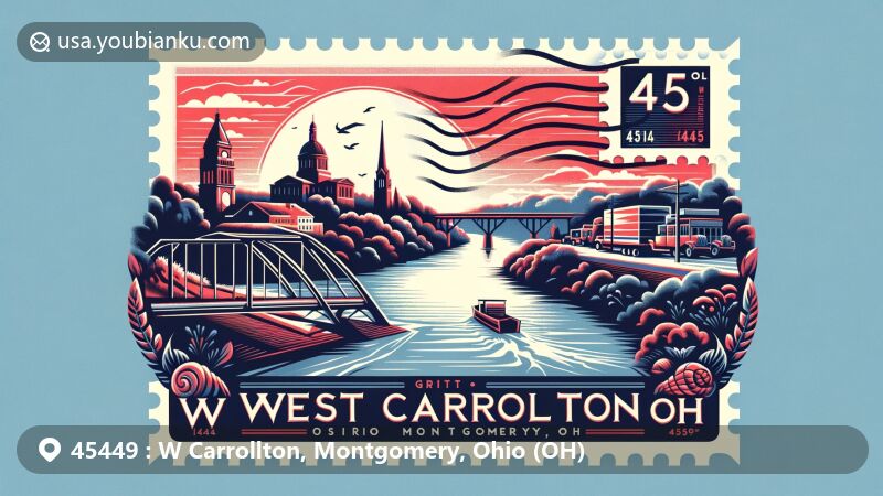 Modern illustration of West Carrollton, Ohio, displaying postal theme with ZIP code 45449, featuring Great Miami River and Montgomery historical landmarks.