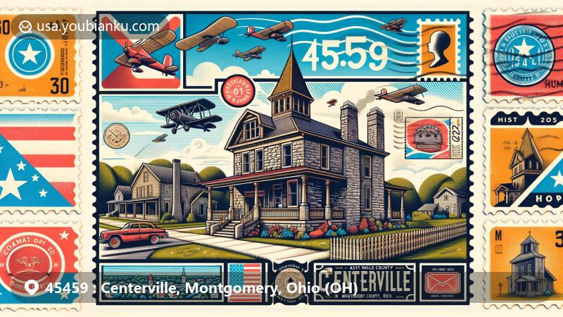 Modern illustration of Centerville, Montgomery County, Ohio, featuring historic stone houses and a vintage postcard motif, highlighting ZIP code 45459 and local landmarks.
