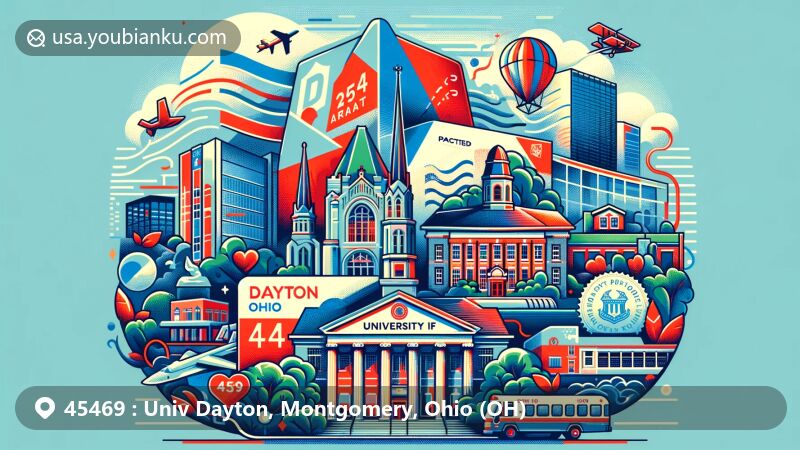 Modern illustration of the University of Dayton in Dayton, Ohio, highlighting educational and community spirit, featuring Dayton Art Institute, Wright-Patterson Air Force Base, and symbolizing 'The Gem City,' with postal theme elements like airmail envelope, stamps, and ZIP code 45469.