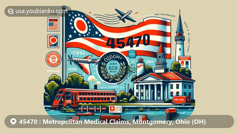 Modern illustration of Metropolitan Medical Claims area in Montgomery, Ohio, incorporating Ohio state flag, Wooley-Hattersley Carriage House, and postal elements like postcard, air mail envelope, stamps, postmark, and ZIP Code 45470.
