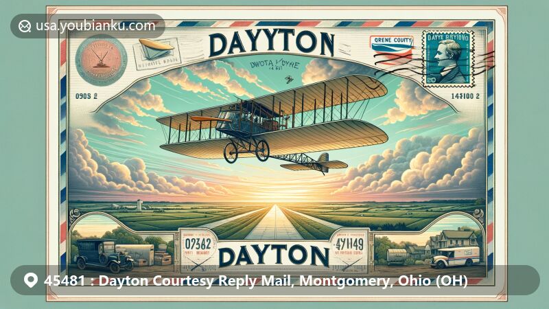Modern illustration of Dayton, Montgomery County, Ohio, featuring iconic Wright Flyer III at Carillon Historical Park, set in vintage airmail envelope with postal elements and serene sky backdrop.