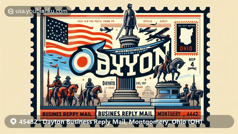 Modern illustration of Dayton, Montgomery, Ohio, portraying postal theme for ZIP code 45482, featuring Civil War Soldiers Monument, Ohio state flag, and vintage postage stamp design.