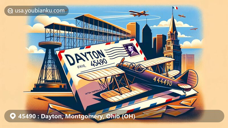Modern illustration of Dayton, Ohio, showcasing ZIP code 45490 in Montgomery County, blending Carillon Historical Park and aviation heritage with Deeds Carillon Tower, Wright brothers, vintage air mail envelope, and 'The Gem City' skyline.