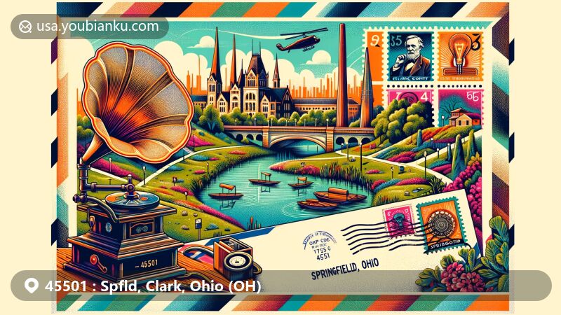 Modern illustration of Springfield, Clark County, Ohio, showcasing Snyder Park Gardens & Arboretum with greenery, gardens, Old Stone Bridge, and symbolic landmarks. Includes symbols of Thomas Edison's inventions like phonograph and light bulb, airmail envelope, and ZIP code 45501.