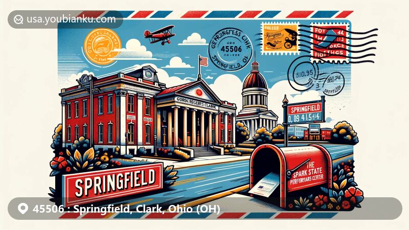 Modern illustration of Springfield, Clark County, Ohio, highlighting postal theme with ZIP code 45506, featuring George Rogers Clark Heritage site and Clark State Performing Arts Center.