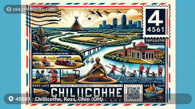 Modern illustration of Chillicothe, Ross County, Ohio, showcasing postal theme with ZIP code 45601, featuring Hopewell Ceremonial Earthworks, Ross Lake, Scioto River, 'Tecumseh!' outdoor drama, and Chillicothe Paints baseball team.
