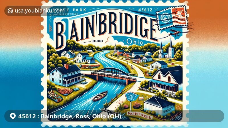 Modern illustration of Bainbridge, Ohio, in Ross County, featuring Paint Creek, Pike Lake State Park, and postal theme with ZIP code 45612, including vintage postcard elements like a postage stamp and postmark.