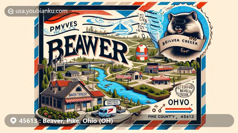 Modern illustration of Beaver, Pike County, Ohio, showcasing postal theme with ZIP code 45613, featuring town's layout, natural beauty, and Ohio state flag.