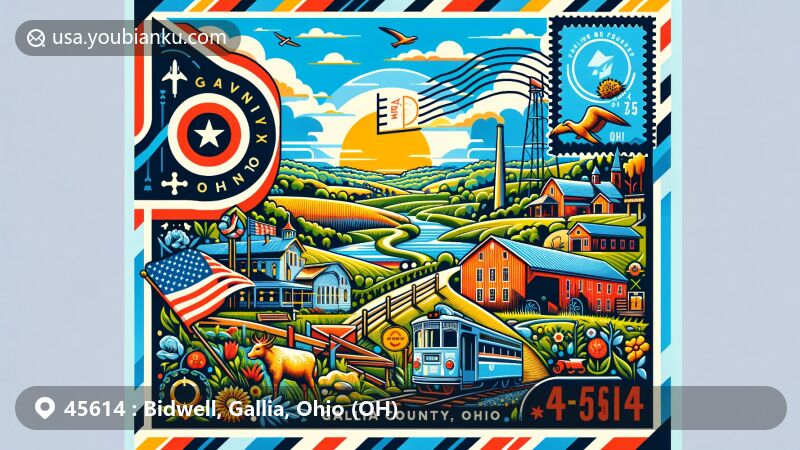 Modern illustration of Bidwell, Gallia County, Ohio, styled as a postcard featuring ZIP code 45614, showcasing rural scenes, landmarks, and Ohio state symbols.