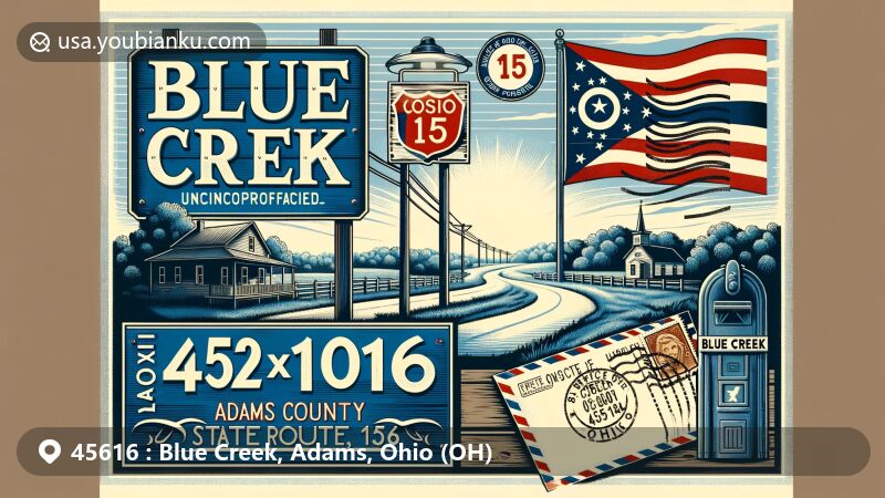 Modern illustration of Blue Creek, Adams County, Ohio, showcasing rural charm with Blue Creek community sign, State Route 125, Ohio state symbols, and vintage postal elements with ZIP code 45616.